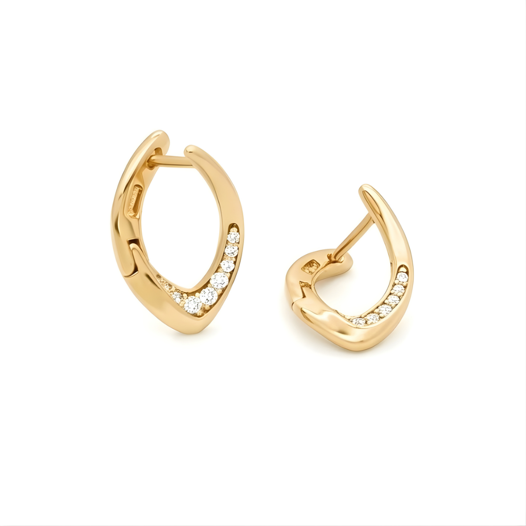 18K Gold Filled Curved Leaf Huggie Hoop Earrings with Diamonds – Pavé CZ Organic Marquise Gold Hoops for Women
